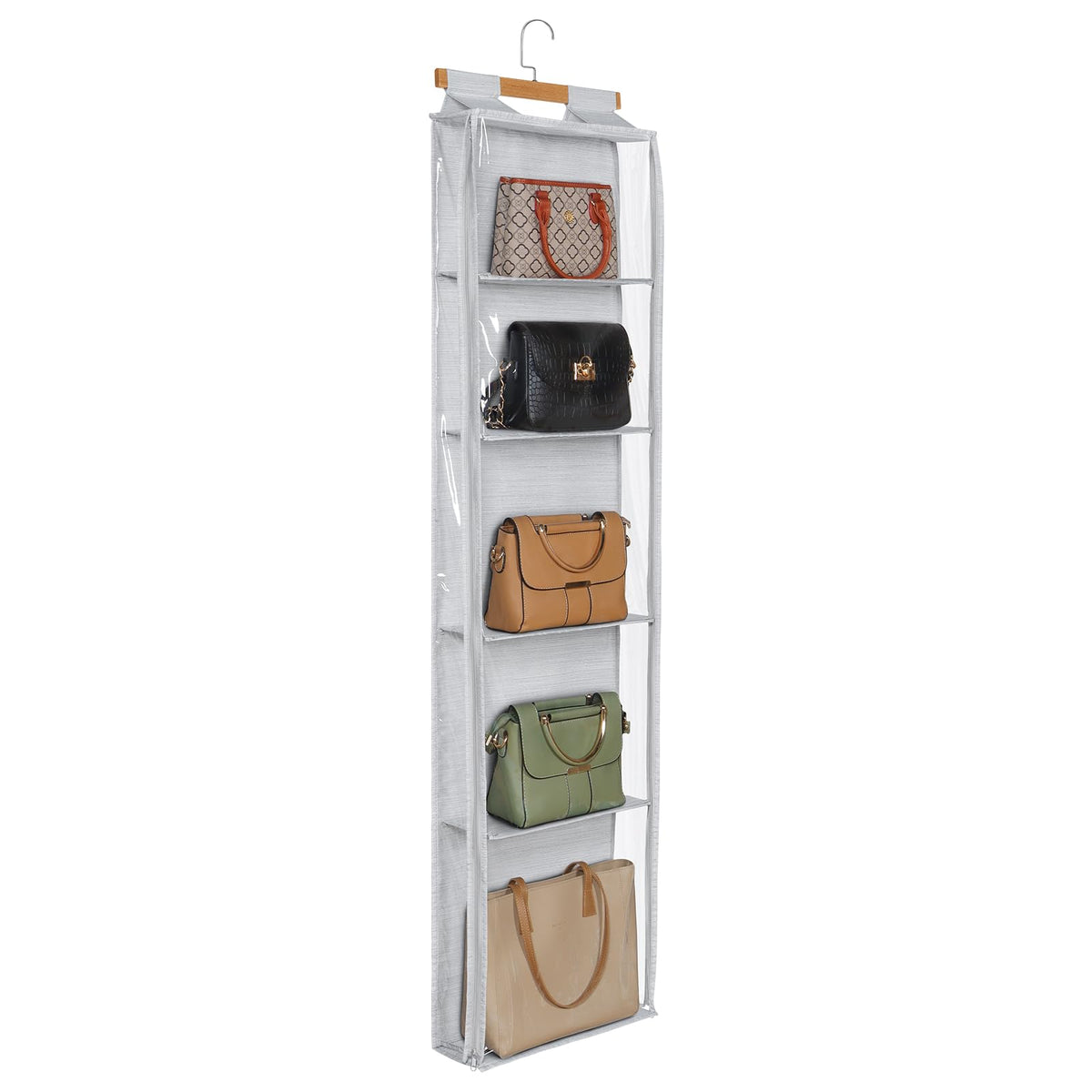 Syeeiex Hanging Handbag Purse Organizer with Zippers, 4 Mesh Shelves, Grey