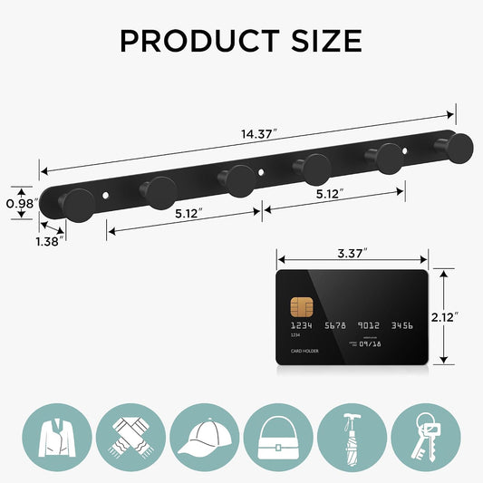 FORIOUS Hat Coat Rack Wall Mounted, 6 Wall Hooks SUS304 for Hanging Black