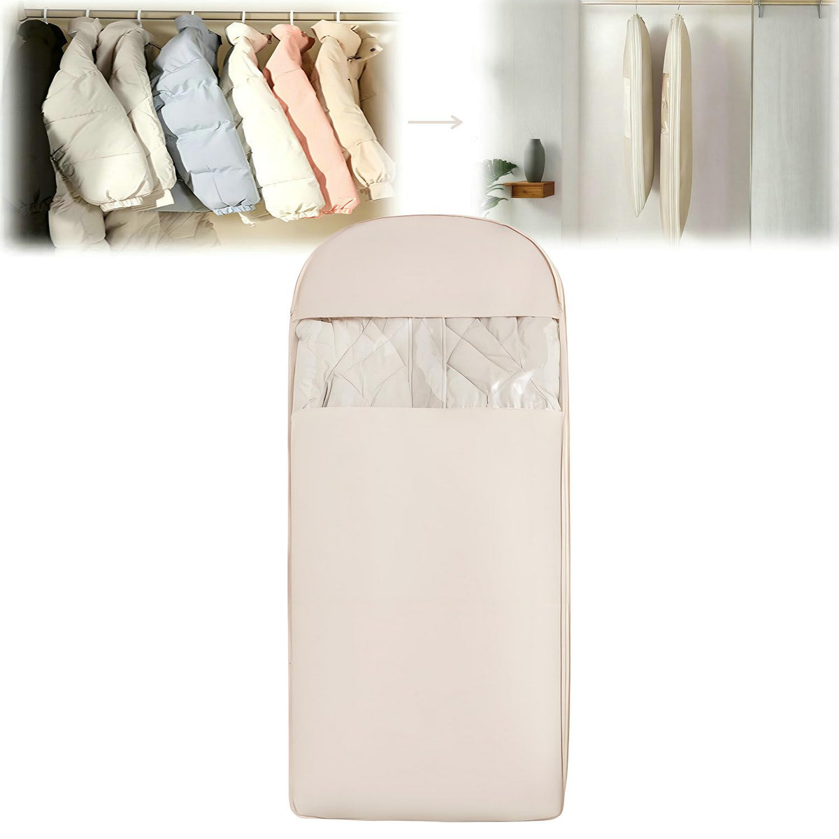 Space Saving Hanging Garment Bag with Self Compression Zipper, New Update Space Saver Clothes Storage Organizer, Dust Cover Clothes Bags for Down Coat Suit Dress or Jacket (Beige, L)