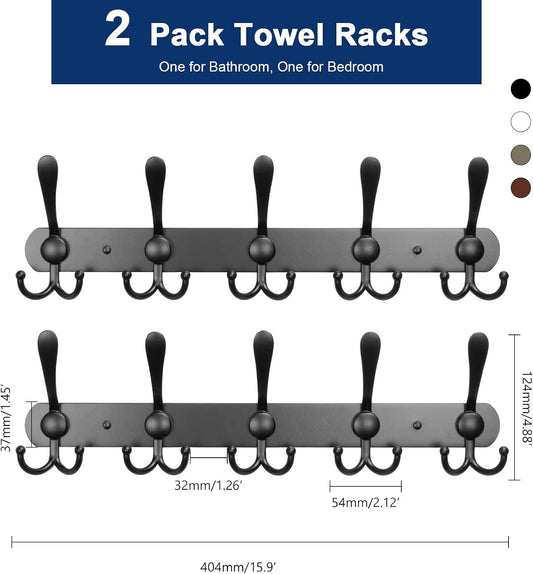 NearMoon Coat Rack Wall Mounted-2 Pack, Heavy Duty Bath Towel Hooks Stainless Steel Robe Hooks Holder, Metal Coat Hook for Towel Coat Hat Key Bathroom Bedroom Hotel Entryway (5 Hooks, Matte Black)