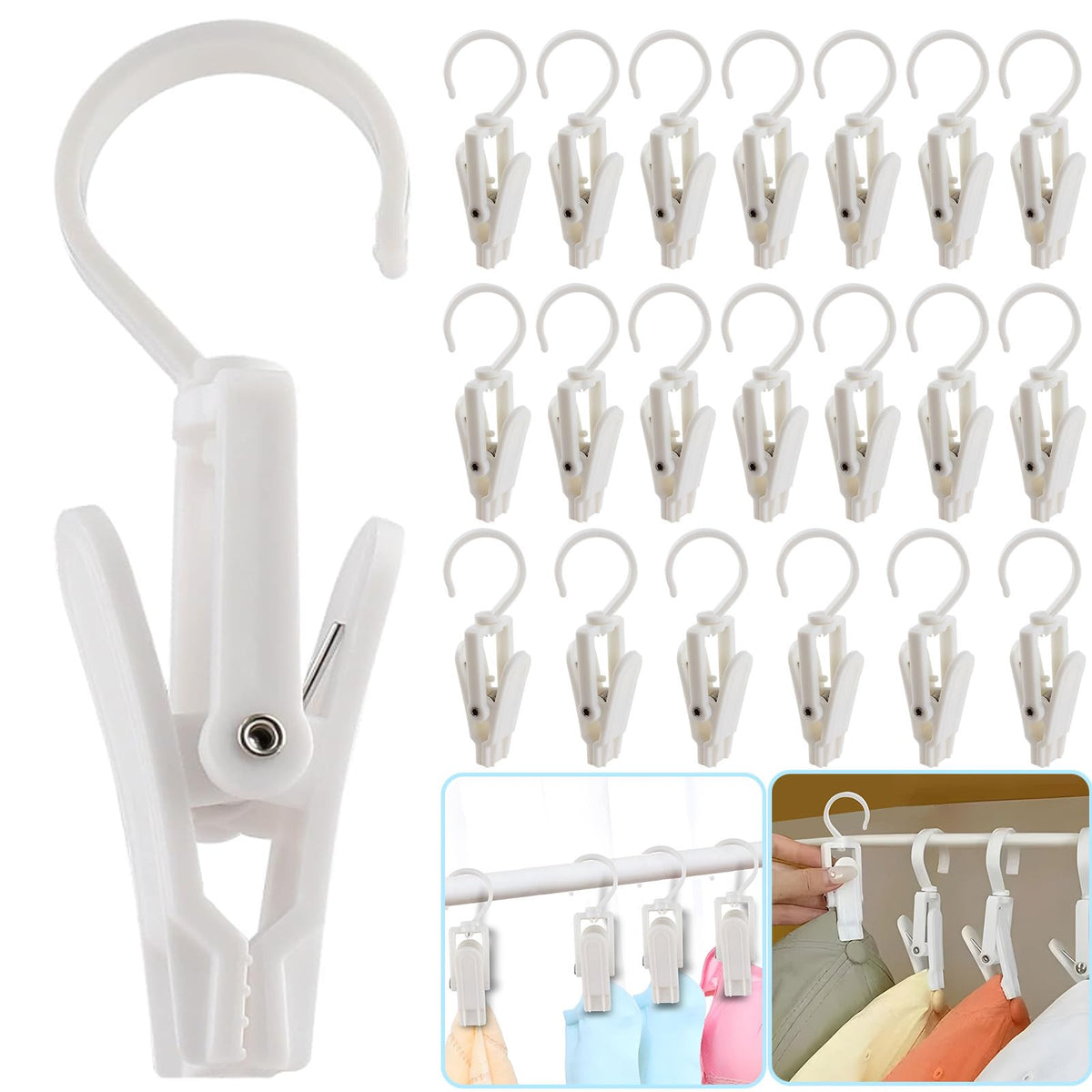 VinBee 20 PCS Laundry Hooks with Clips Super Strong Plastic Home Travel Swivel Hanging Hanger Closet Organizer Clamps Socks Boot Bras Towels for Bathroom Wardrobe Kitchen Office - 4.3 Inches (Black)