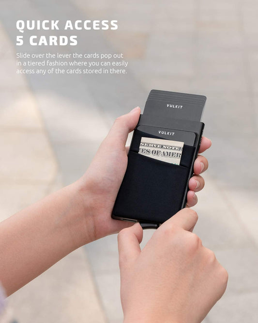 VULKIT Card Holder with Money Pocket Pop Up Wallet RFID Blocking Slim Metal Bank Card Case Holds 5 Cards and Notes