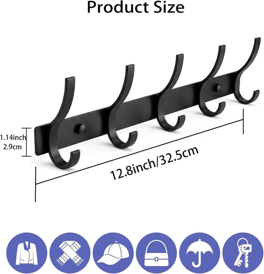 Coat Rack Wall Mounted,5 Coat Hooks for Hanging Coats,Heavy Duty Metal Double Hook Rack Hook Rail,Coat Rack with Hooks,Wall Mount Coat Hanger for Hat Towel Purse Robes (2 Pack Black, 5 Hooks)