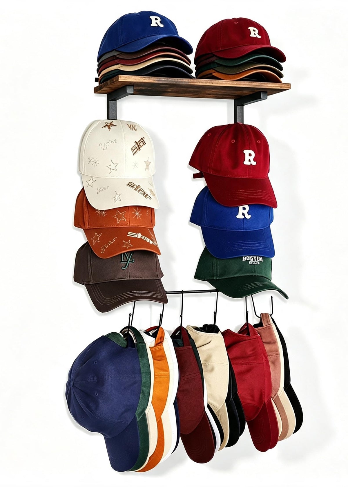 Keebofly Wall Hat Rack with Shelf, Multi-function Baseball Cap Organizer & Holder with 12 Hooks,Displays & Stores 60+ Caps, Multi-Level Wall Mount Hat Organizer Stand for Closet, Entryway, Bedroom
