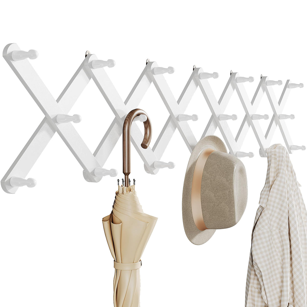 OROPY Accordion Wall Hanger with 14 Pegs, Expandable Wooden Coat & Hat Rack