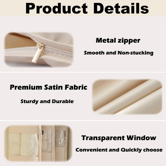 Space Saving Hanging Garment Bag with Self Compression Zipper, New Update Space Saver Clothes Storage Organizer, Dust Cover Clothes Bags for Down Coat Suit Dress or Jacket (Beige, L)