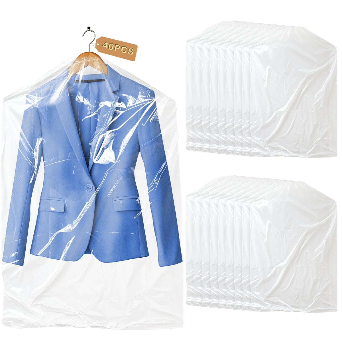 Gretchin 40 Pack Garment Bags - Set of 40, 60x90cm Plastic Dry Cleaning Bags for Hanging Clothes Storage