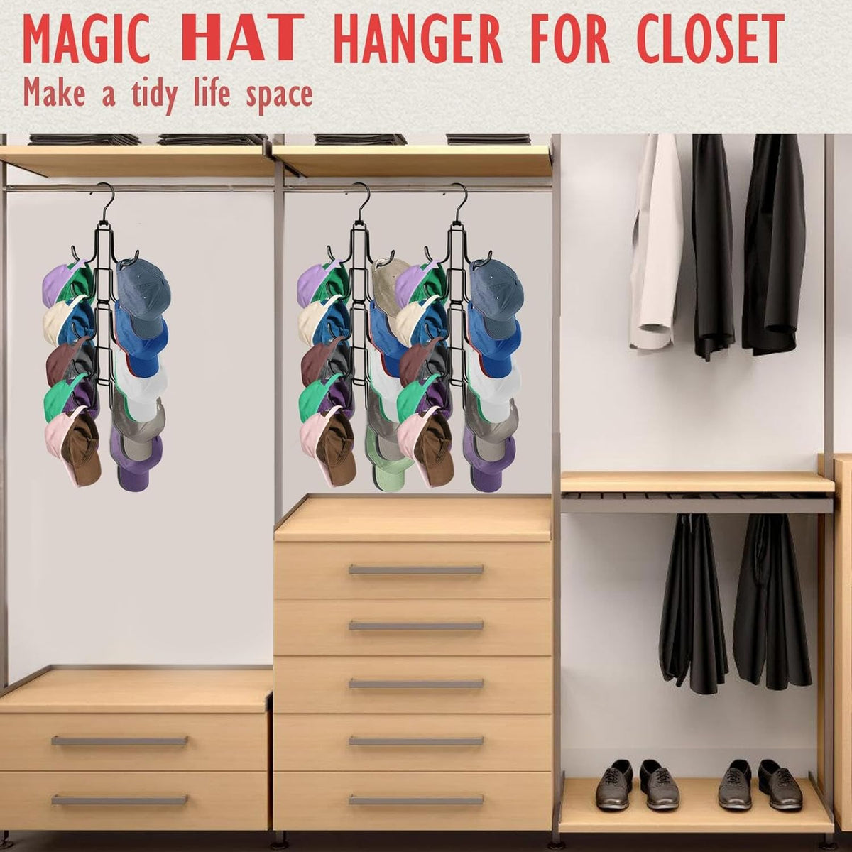 Hat Organizer for Closet: Collapsible Caps Rack with 10 Large Hooks