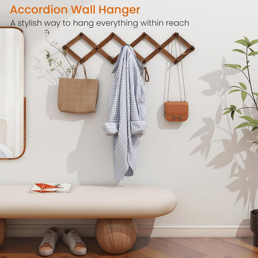 Homode Vintage Wood Expandable Peg Rack- Multi-Purpose Accordion Wall Hangers with 13 Hooks for Hats, Coat, Mugs, Scarf, Jewelry Storage