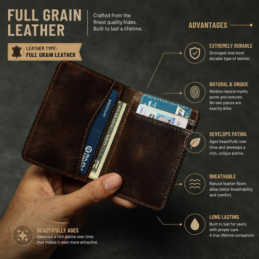FOXHACKLE Full Grain Leather Credit Card Holder for Men and Women, Slim Bifold RFID Blocking Wallet, Thin Front Pocket Minimalist Wallet, Small Card Case.