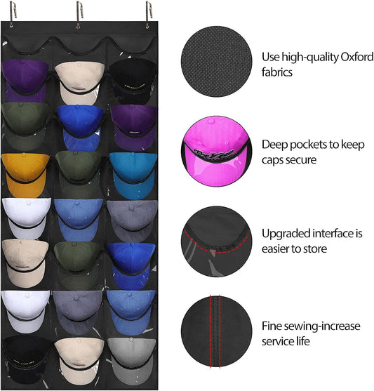 Dofilachy Hat Organizer Racks for Baseball Caps, Visible Hat Holder Rack for Wall Door with 3 Hooks, 24 Deep Pockets