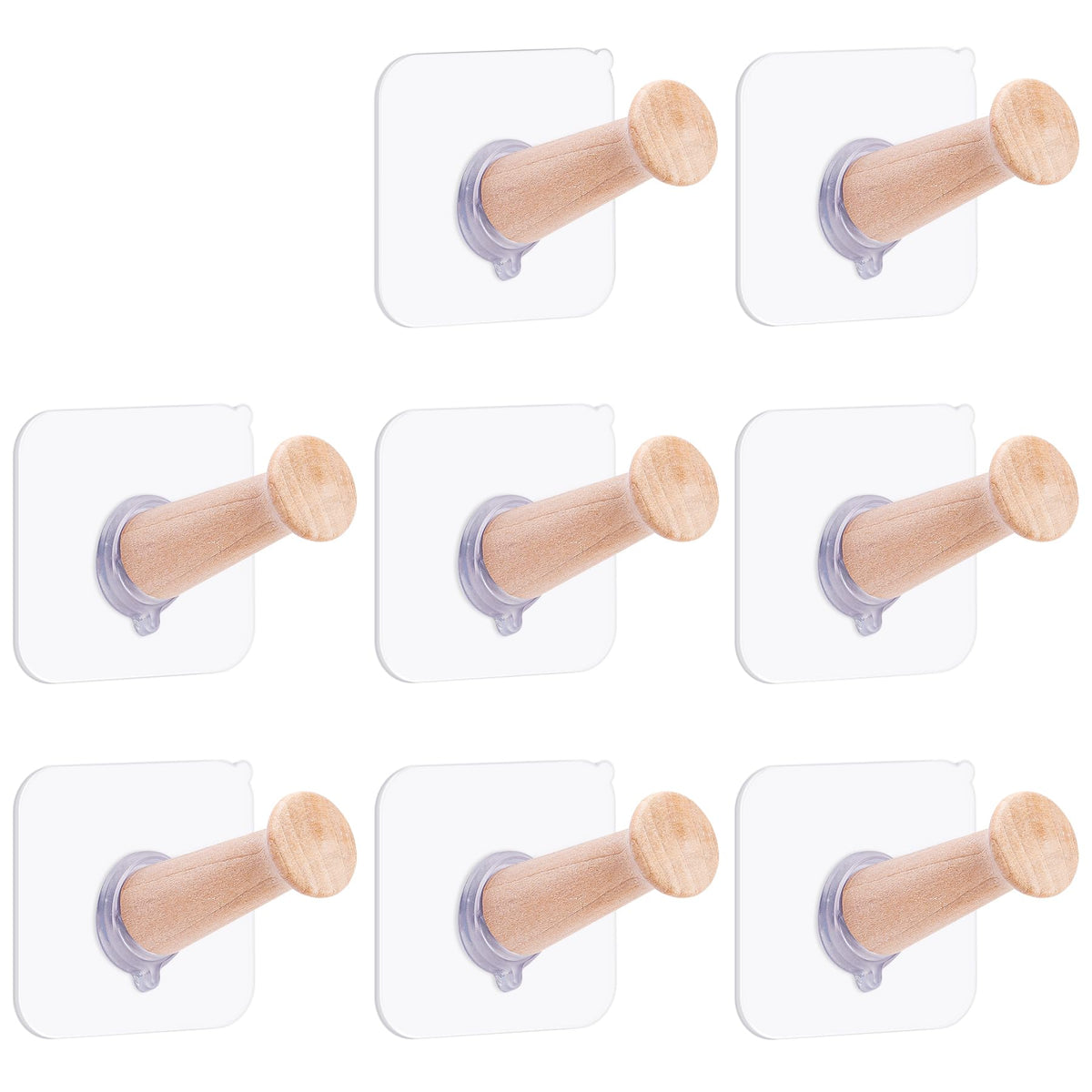 FOTYRIG Adhesive Hat Hooks Hat Hangers 10lbs Sticky Wall Rack for Baseball Caps, Bucket Hats, Cowboy Hats, Extended Wooden Pegs Handmade - Bathroom Door Cloest Entryway Wardrobe-8 Pack
