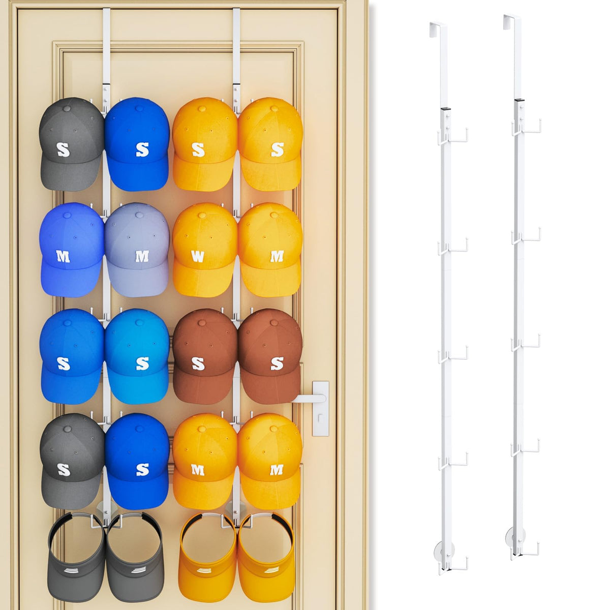 SWTYMIKI Over Door Hat Organizer - 2 Packs Metal Wall Mounted Hat Rack with 16 Hooks Design, Hanging Baseball Cap Organizer Storage Holds up to 32 Caps for Door, Bedroom, Closet