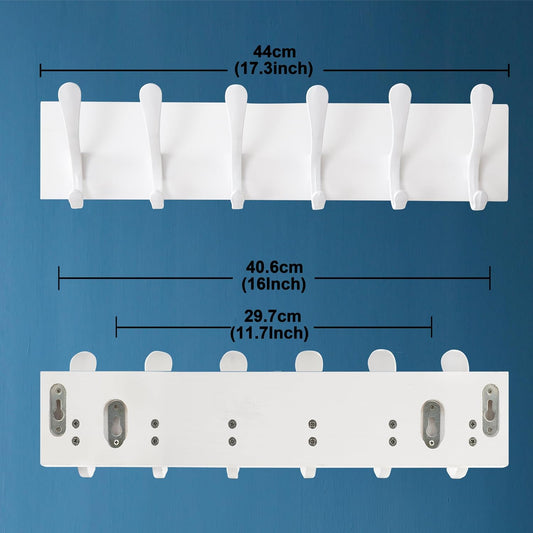 SKOLOO Coat Rack Wall Mount - Wooden White Wall Coat Hook, Wall Coat Hanger Rack with 6 Hooks for Hanging Coats, Hats, Clothing, Scarfs, White