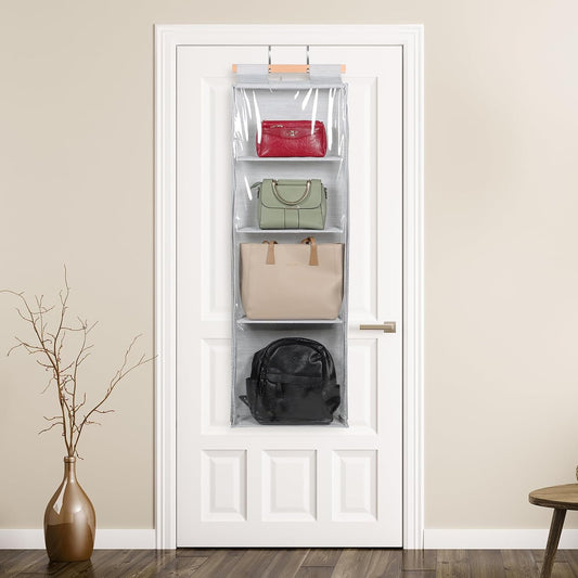 Syeeiex Hanging Handbag Purse Organizer with Zippers, 4 Mesh Shelves, Grey