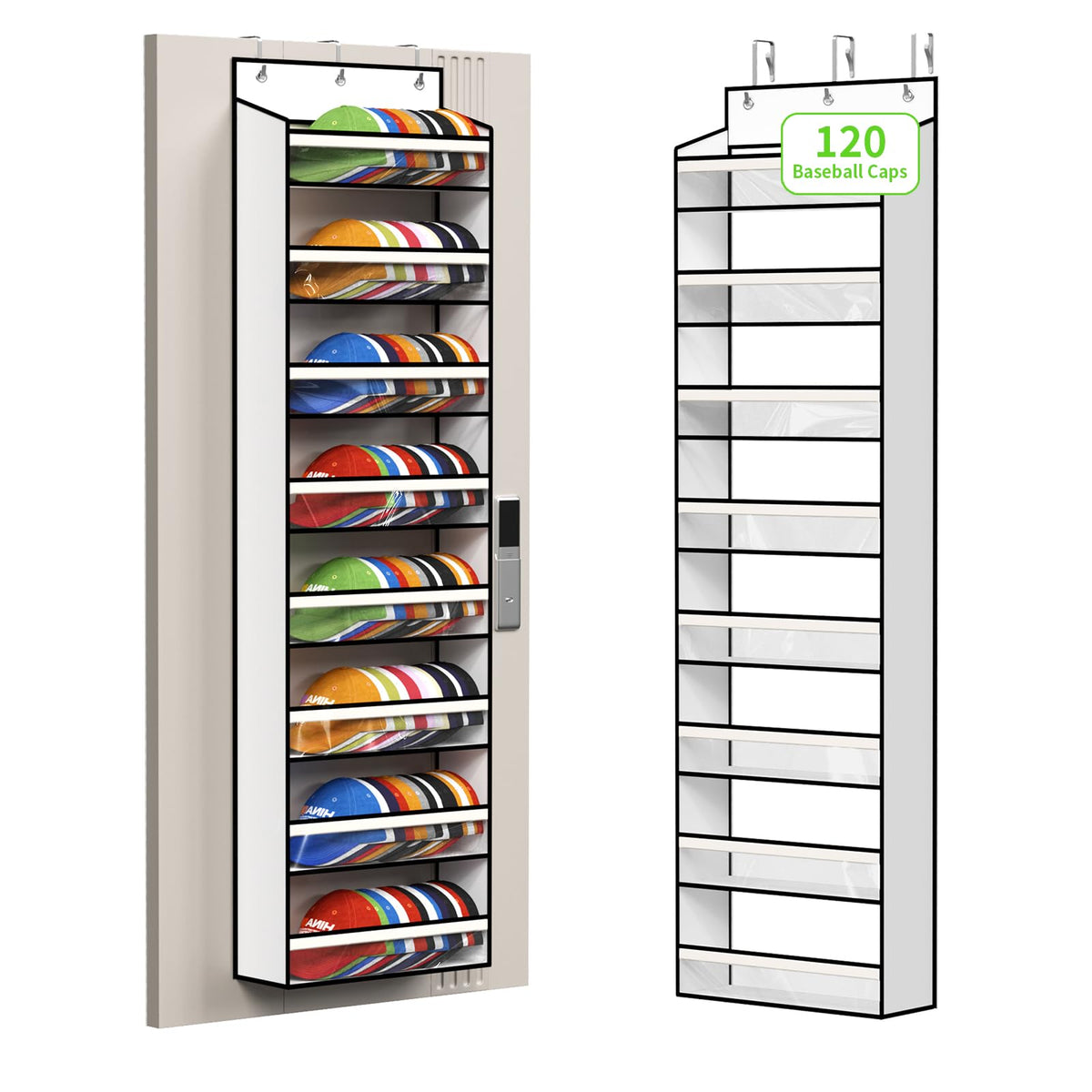 KEEPJOY 8-Tier Over the Door Hat Rack for Baseball Caps, Holds Up to 120 Caps Large Capacity Hanging Hat Storage Organizer with Clear Deep Pockets, Hat Holder for Nursery, Bedroom, Closet (White)
