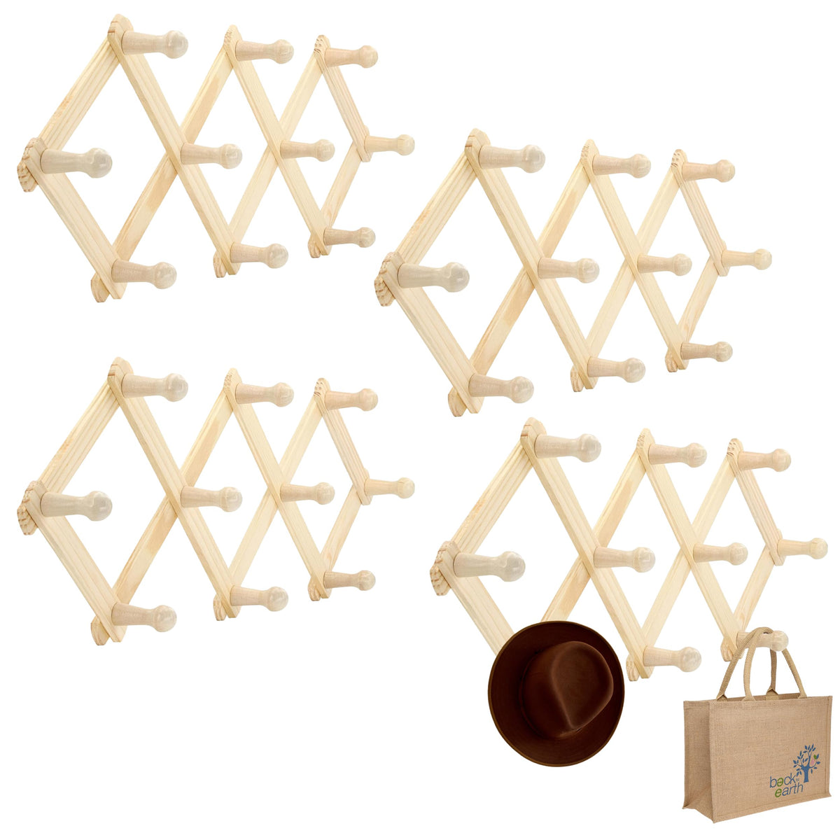 RamPro Accordion Style Wood Expandable Rack Hat, Cap, Belt, Umbrella Coffee Mug Wall wooden Pegs (Set of 2)