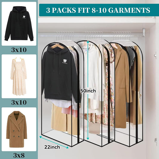 10” Gusseted Clear Garment Bags, 40” Hanging Suit Bags for Closet Storage - Protect Clothes, Suits, Coats, Dresses - 3 Pack (50 inch)