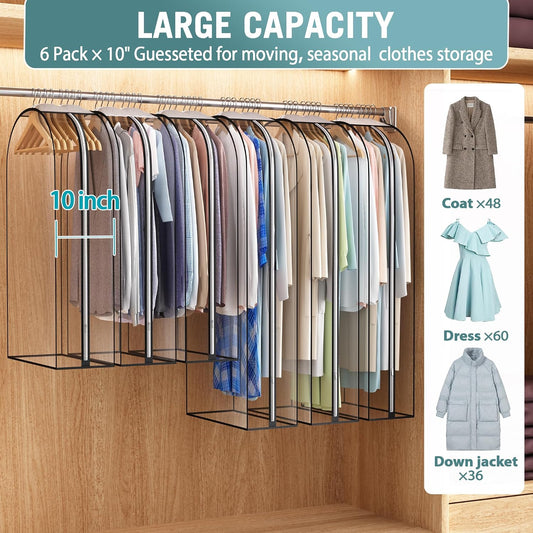 Liuoud Clear Garment Bags for Hanging Clothes 10” Gusseted, 6 Pack, 40”&50”
