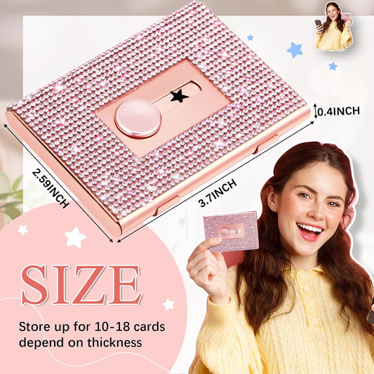 Rhinestone Business Card Holder for Women, Rose Gold