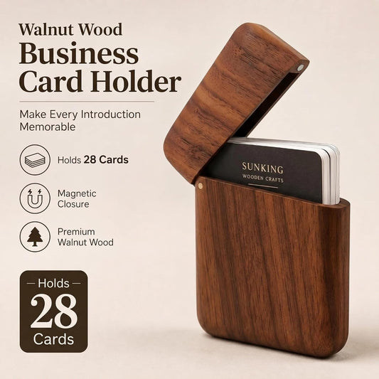 sunking Black Walnut Business Card Holder, Wooden Business Card Case for Men, Premium Executive Business Card Box for Office, Professional Card Holder for Work