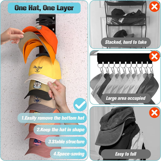 Hat Organizer for Baseball Cap 2Pack, Hold up to 20 Hat Adhensive for Wall