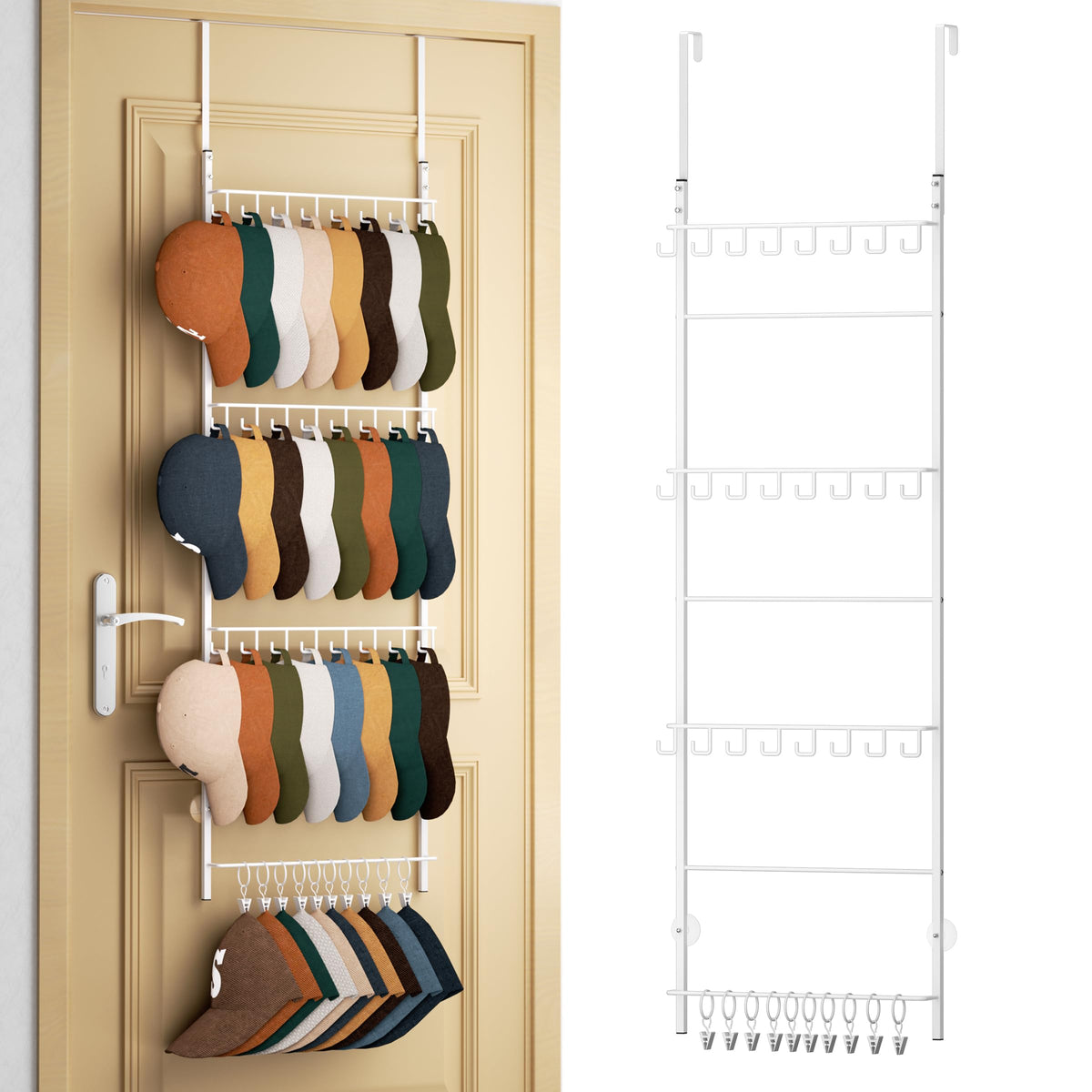 HapiRm Over Door Hat Rack - 3 Tier Wall Mounted Hat Organizer with 16 Hooks and 10 Movable Clips, Baseball Cap Organizer Storage Holds up to 26 Caps for Door, Bedroom, Closet USPTO Patented