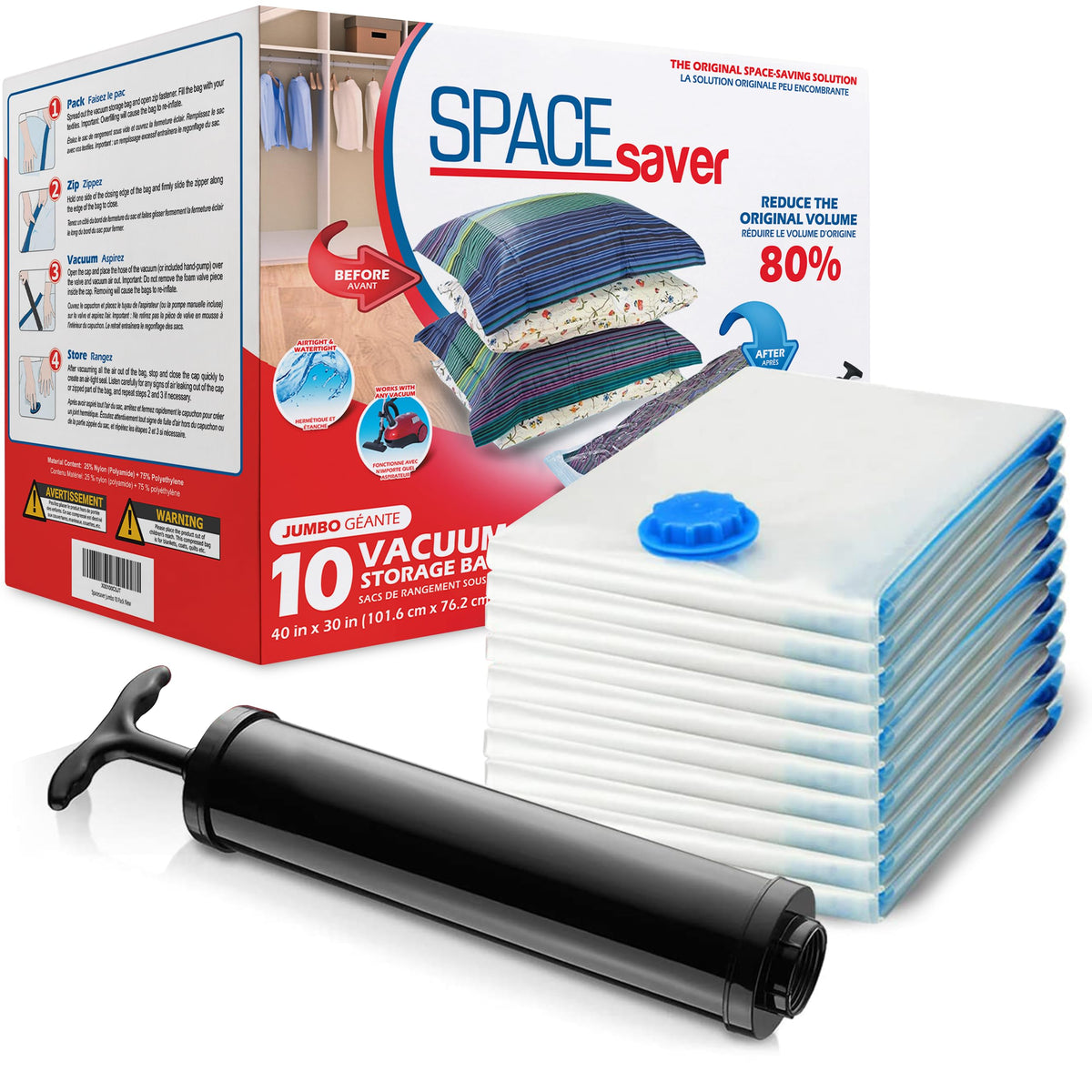 Spacesaver Vacuum Storage Bags with Hand Pump, Jumbo, 10 Pack