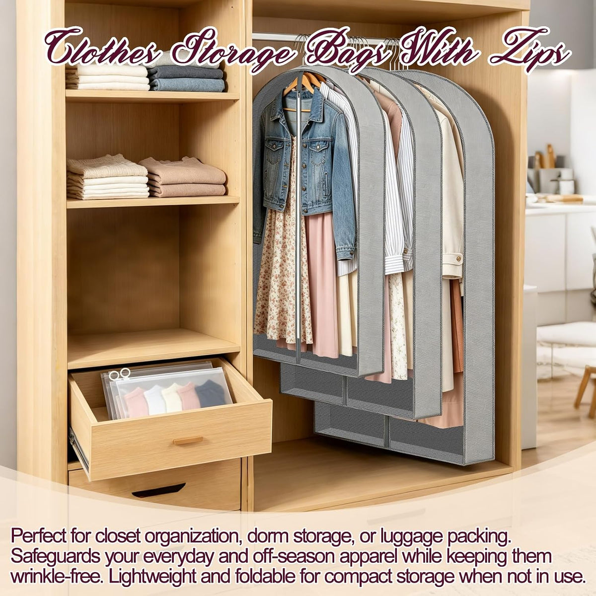 3 Pcs Breathable PEVA Hanging Garment Bags With Sock Pouches
