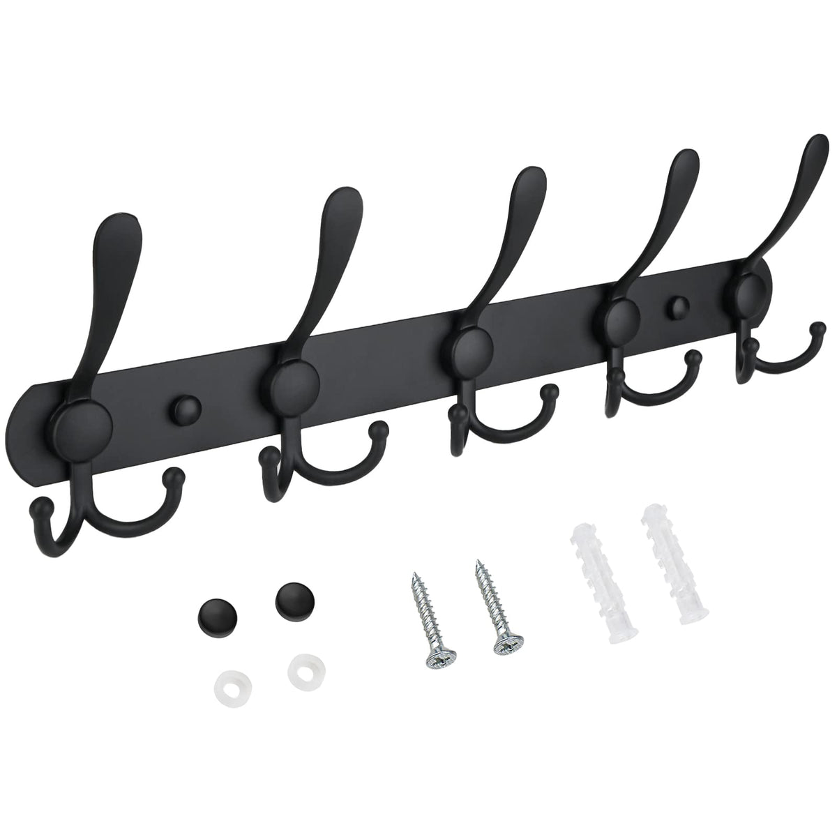 TICONN Wall Mounted Coat Rack, Five Heavy Duty Tri Hooks All Metal Construction for Jacket Coat Hat in Mudroom Entryway (Matte Black, 2-Pack)