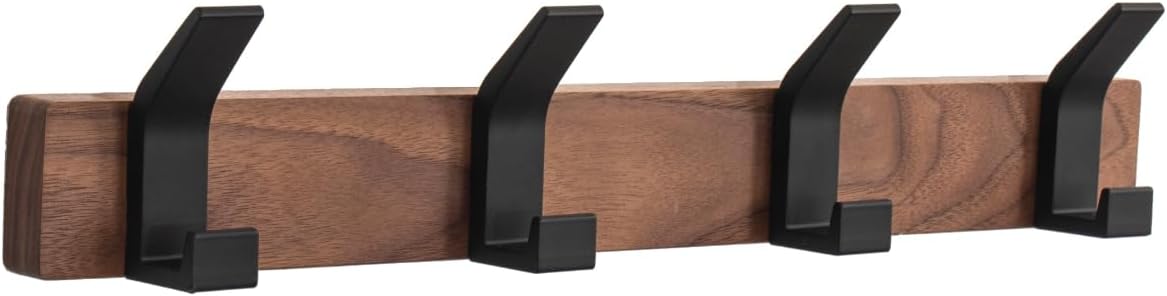 Coat Rack Wall Mount - 15.7 Inches Walnut Wood Coat Hooks Coat Rack Wall Mount with 4 Hooks Black Aluminum Coat Hooks for Hanging Coat Hat Bag Hat Rustproof Coat Hanger