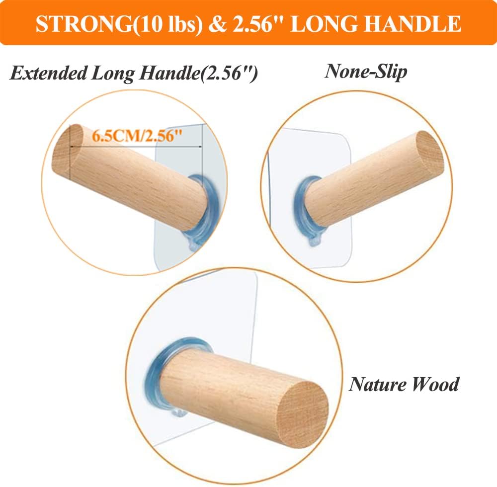 FOTYRIG Adhesive Hat Hooks Hat Hangers 10lbs Sticky Wall Rack for Baseball Caps, Bucket Hats, Cowboy Hats, Extended Wooden Pegs Handmade - Bathroom Door Cloest Entryway Wardrobe-8 Pack