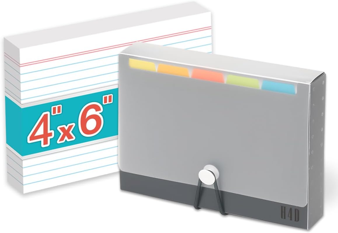 H4D 4x6 Index Card Case with 100 Heavyweight Ruled Index Cards and Dividers, Black
