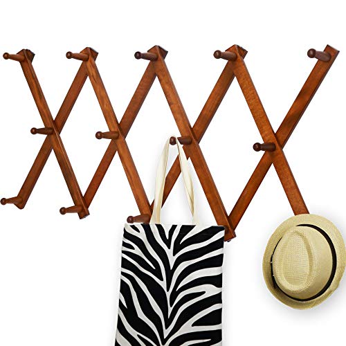 WEBI Accordion Wall Hanger, Wooden Coat Rack Wall Mounted, Hat & Cap Hook Rack, 16 Peg Hooks, Walnut Color