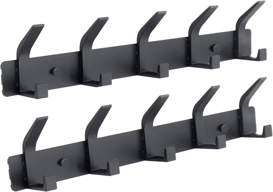 Coat Rack Wall Mounted,5 Coat Hooks for Hanging Coats,Heavy Duty Metal Double Hook Rack Hook Rail,Coat Rack with Hooks,Wall Mount Coat Hanger for Hat Towel Purse Robes ,Black,2Pack (Black2, 5 Hooks)