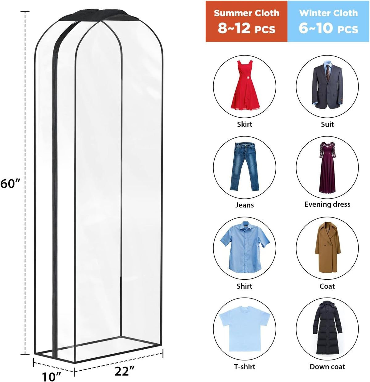 Univivi Garment Bags for Hanging Clothes, Clear Dress Bag 60 In, 4 PCS