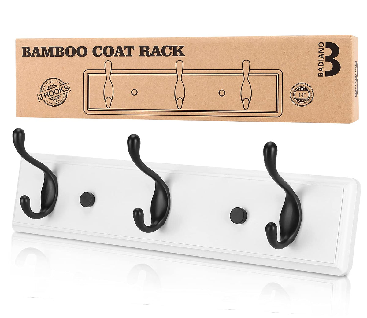 Badiano Heavy Duty Wooden Coat Rack, Wall-Mounted Organizer,14 Inch, White