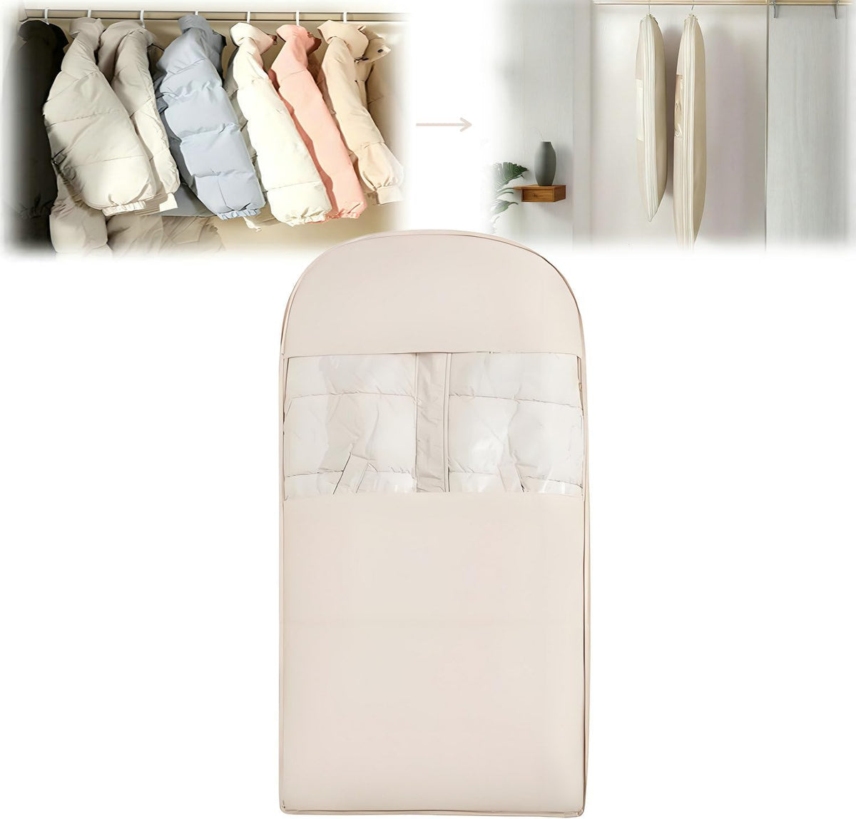 Space Saving Hanging Garment Bag with Self Compression Zipper, New Update Space Saver Clothes Storage Organizer, Dust Cover Clothes Bags for Down Coat Suit Dress or Jacket (Beige, L)