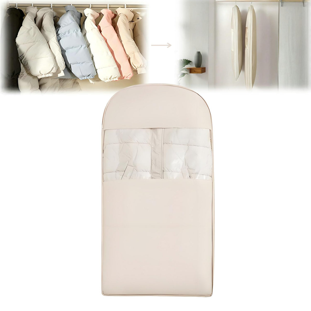Space Saving Hanging Garment Bag with Self Compression Zipper, New Update Space Saver Clothes Storage Organizer, Dust Cover Clothes Bags for Down Coat Suit Dress or Jacket (Beige, L)