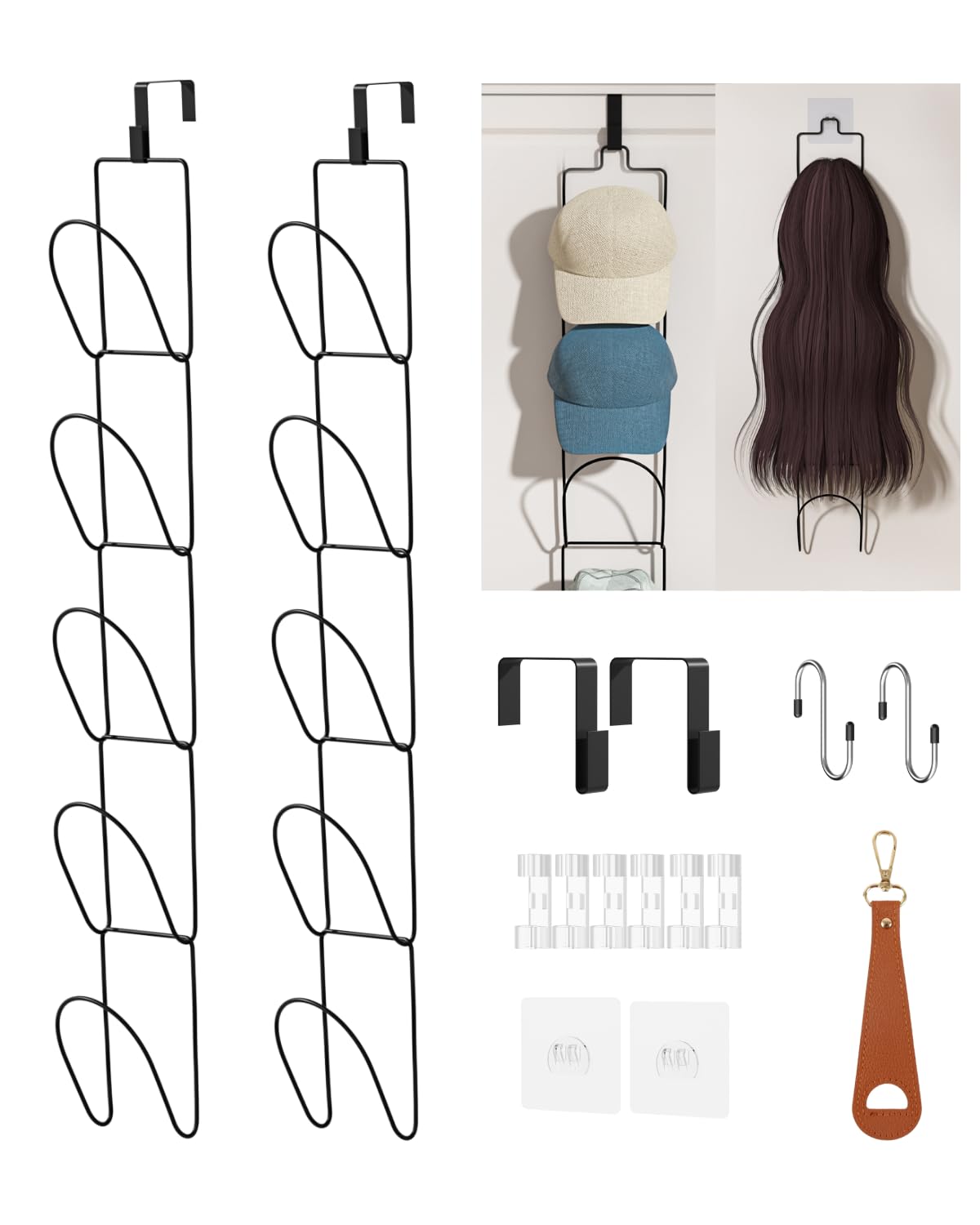 LINFIDITE 10 Pack Hat Rack Hanger Holder Organizer Closet Hanging Baseball Cap Display Storage Rack for Scarves Handbags Towels Clothes Ties Over Door Wall Mounted w Hanging Hook Black