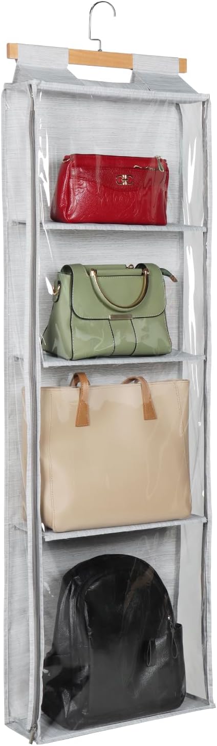 Syeeiex Hanging Handbag Purse Organizer with Zippers, 4 Mesh Shelves, Grey