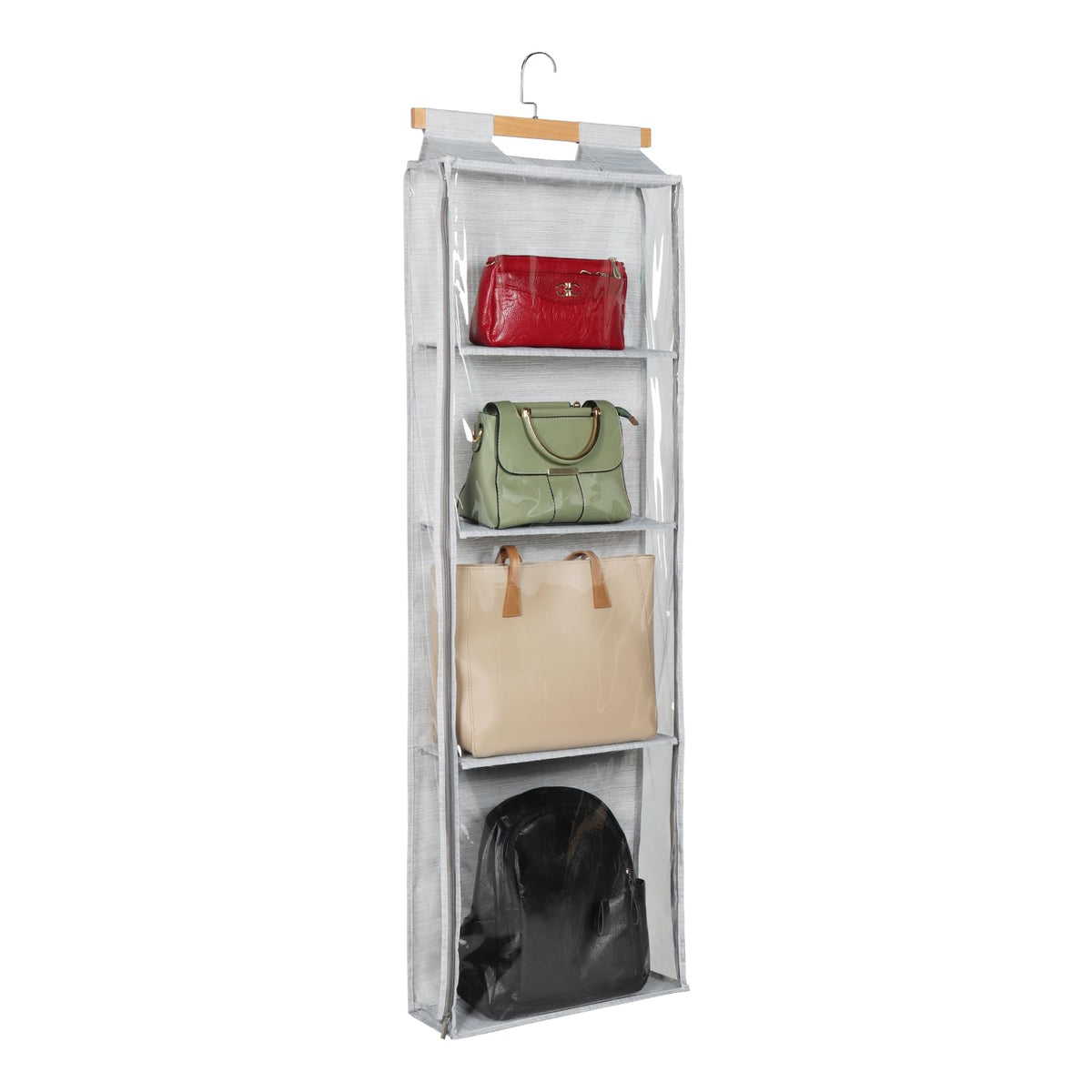Syeeiex Hanging Handbag Purse Organizer with Zippers, 4 Mesh Shelves, Grey