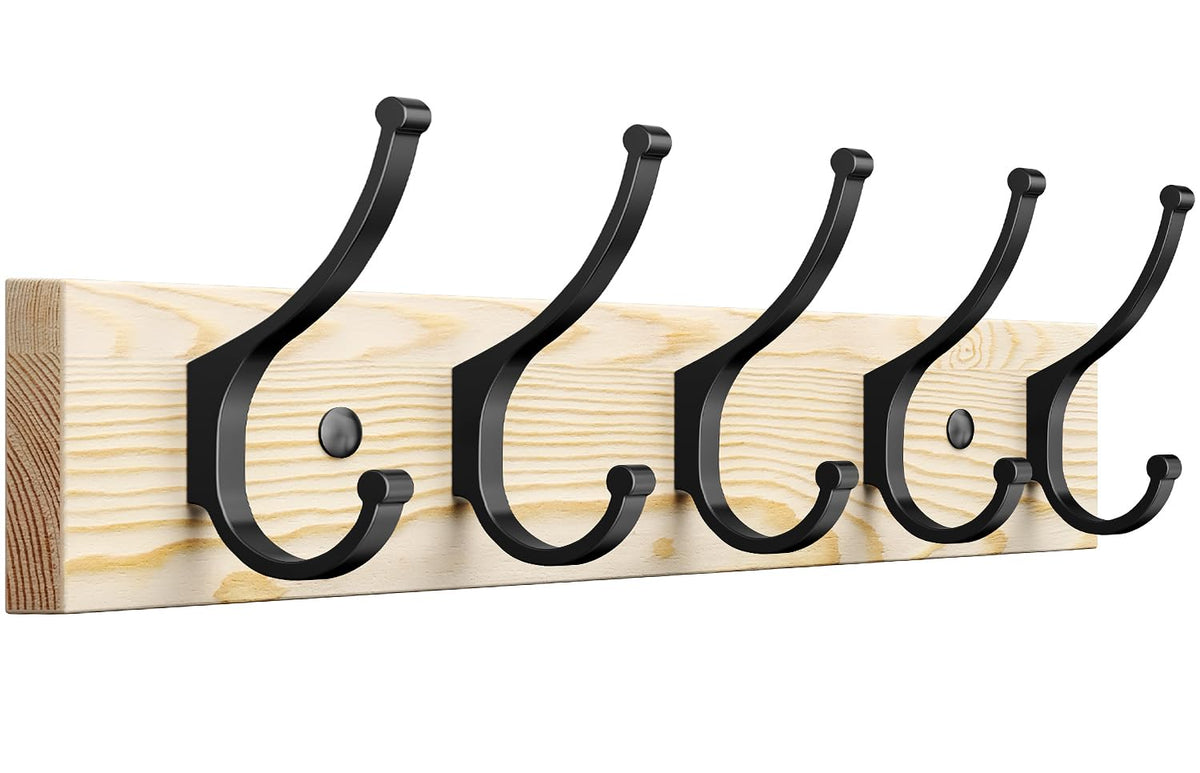 Optish 2 Pack Wooden Coat Rack Wall Mount, 16.1" Rustic Coat Hanger Hooks with 10 Double Hooks, Wall Coat Rack for Hat, Clothes, Bags, Jacket, Brown