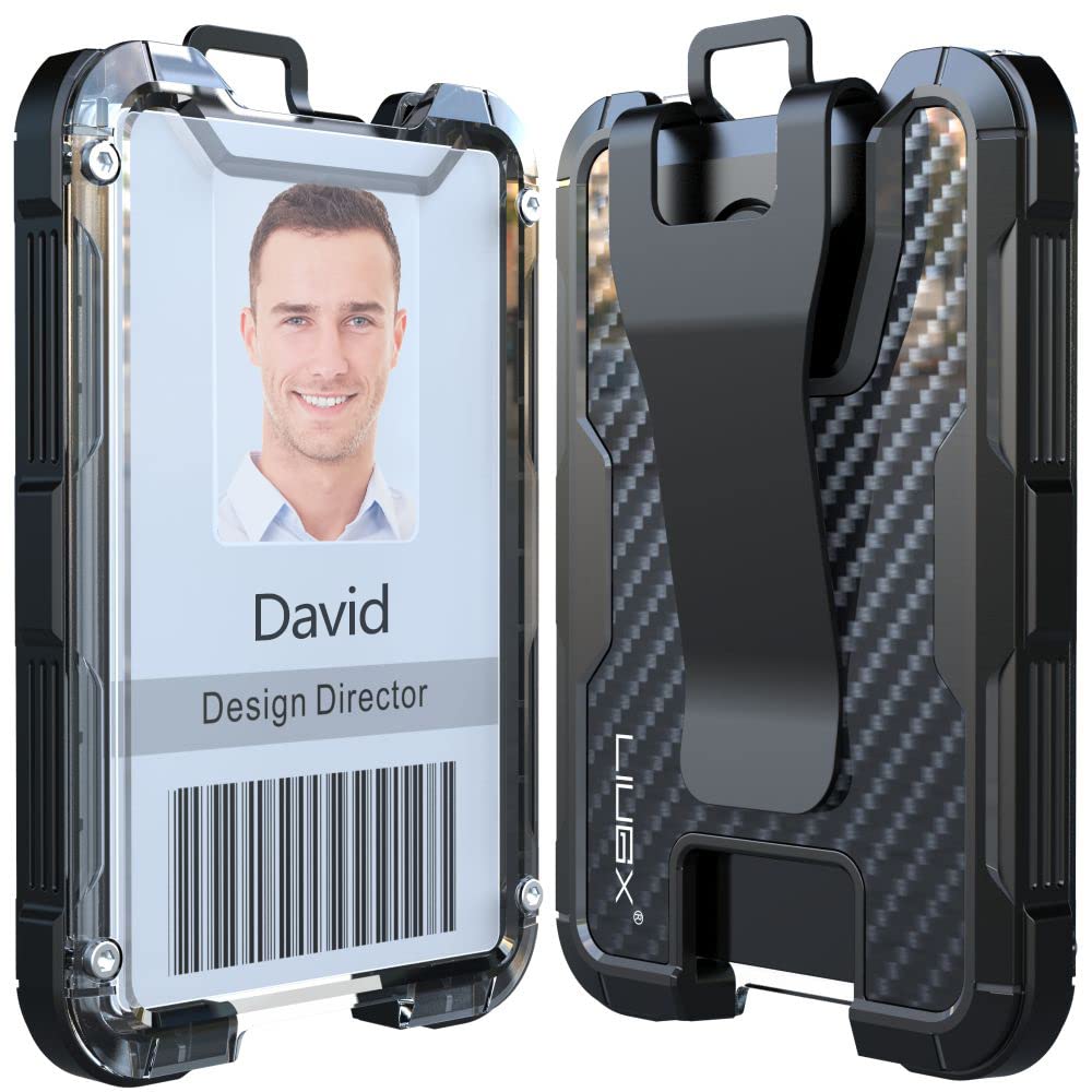 LIUGX Carbon Fiber Badge Holder with Metal Clip, 4 Cards, for Office IDs