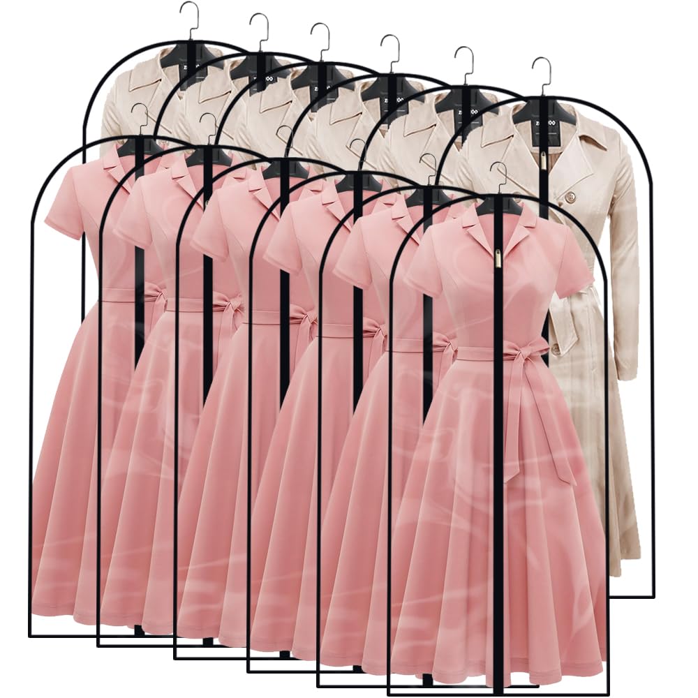 Hanging Garment Bag (Set of 6) Black Side Breathable Dress Bags for Hanging Clothes Cloth Cover for Closet Clear Full Zipper Bags for Coat Clothes Storage (24'' x 54'', Black)