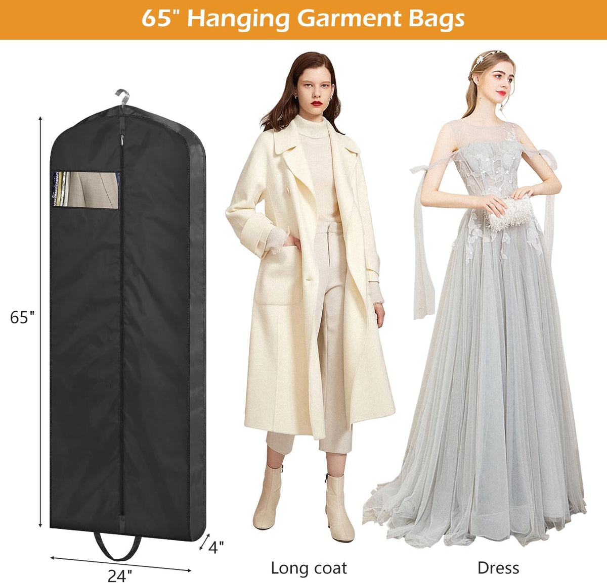 MISSLO 65" Long Garment Bags for Travel Dress Bags for Hanging Clothes 2 Packs Wedding Dress Cover Waterproof Clothes Protector for Closet Storage for Gowns, Tuxedos, Coats, Black