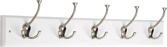 Liberty Hardware 129848 Wall Mounted Coat Rack with 5 Decorative Hooks, 27-Inch, Satin Nickel and White