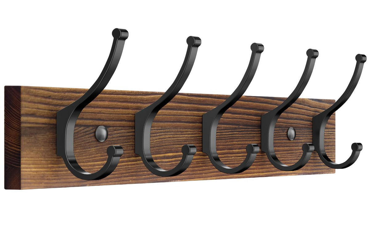 Optish 2 Pack Wooden Coat Rack Wall Mount, 16.1" Rustic Coat Hanger Hooks with 10 Double Hooks, Wall Coat Rack for Hat, Clothes, Bags, Jacket, Brown