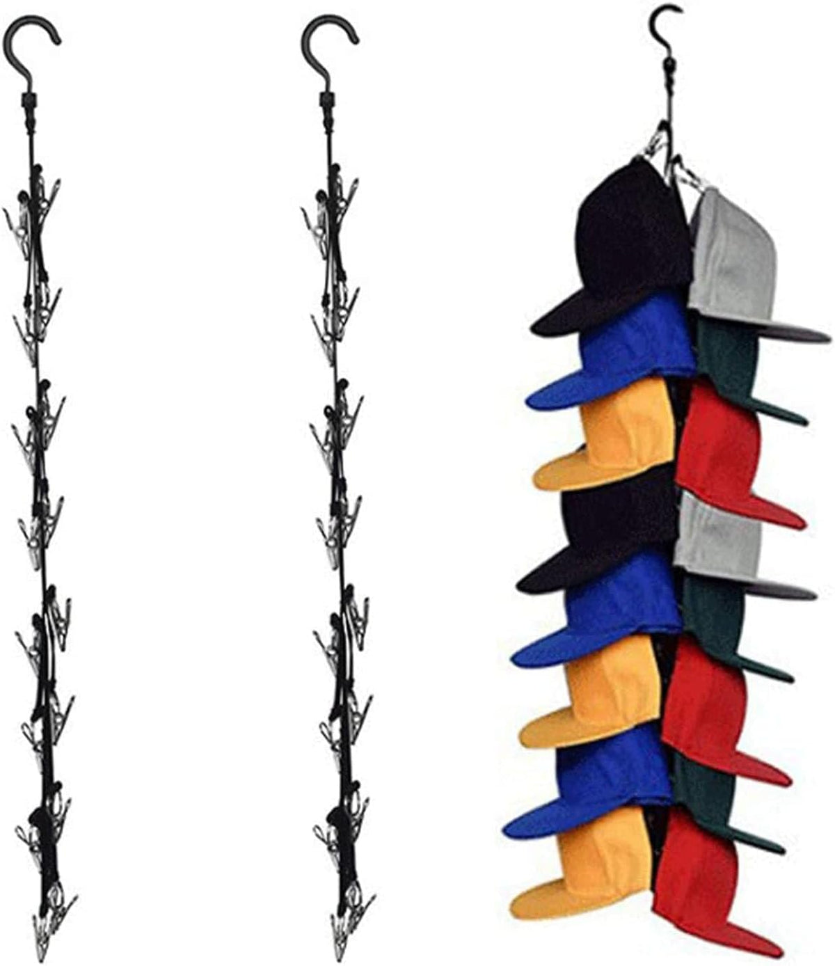 BetterJonny 2 Pack Hanging Hat Organizer Rack, 16 Stainless Steel Hat Storage Clips Holder for Men or Women Closet Hook Cap Holder (Black)