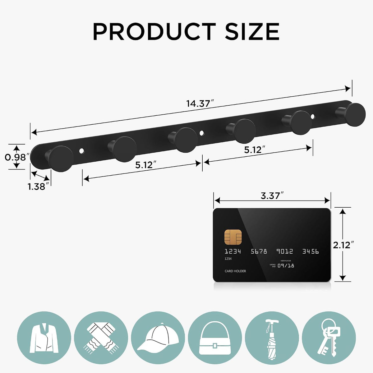 FORIOUS Hat Coat Rack Wall Mounted, 6 Wall Hooks SUS304 for Hanging Black